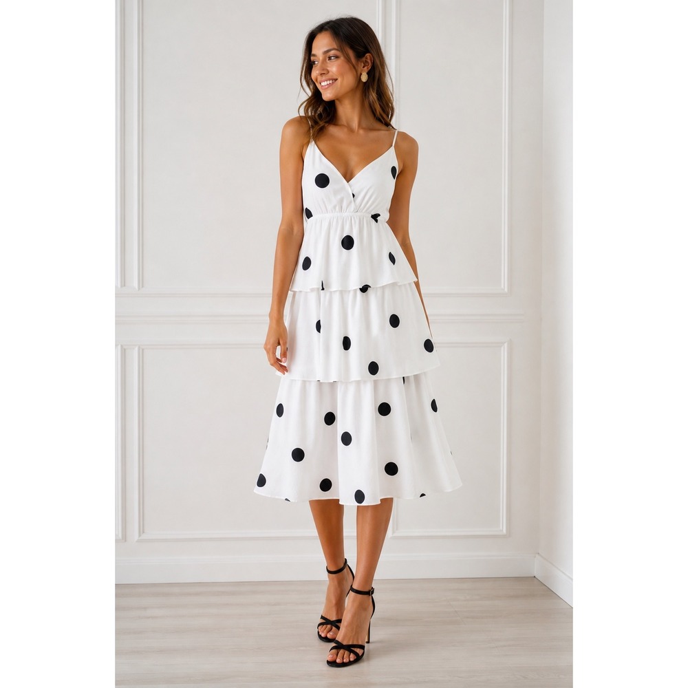 O.P.T One Pretty Time White Black Polka Dot Tiered Midi Dress Small‎ Coquette
